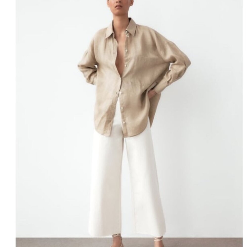 Zara oversized long sleeve 100% linen shirt (beige, size S)